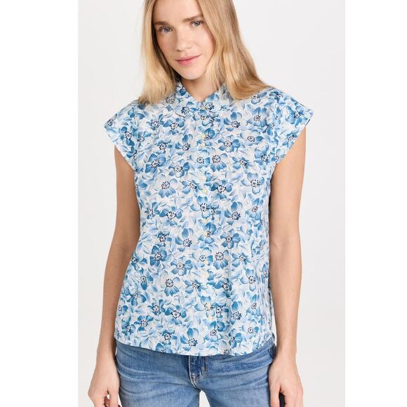 THE GREAT. The Wren Blue Floral Cotton Cap Sleeve Button Down Top size 0 or XS - Picture 2 of 14